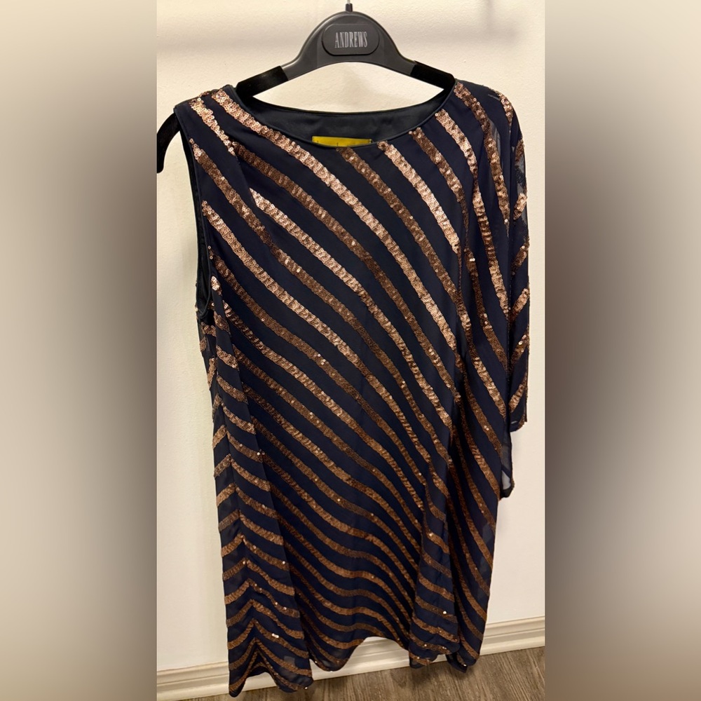 Nicole Miller Navy Blue and Cooper Sequin Asymmetrical Dress